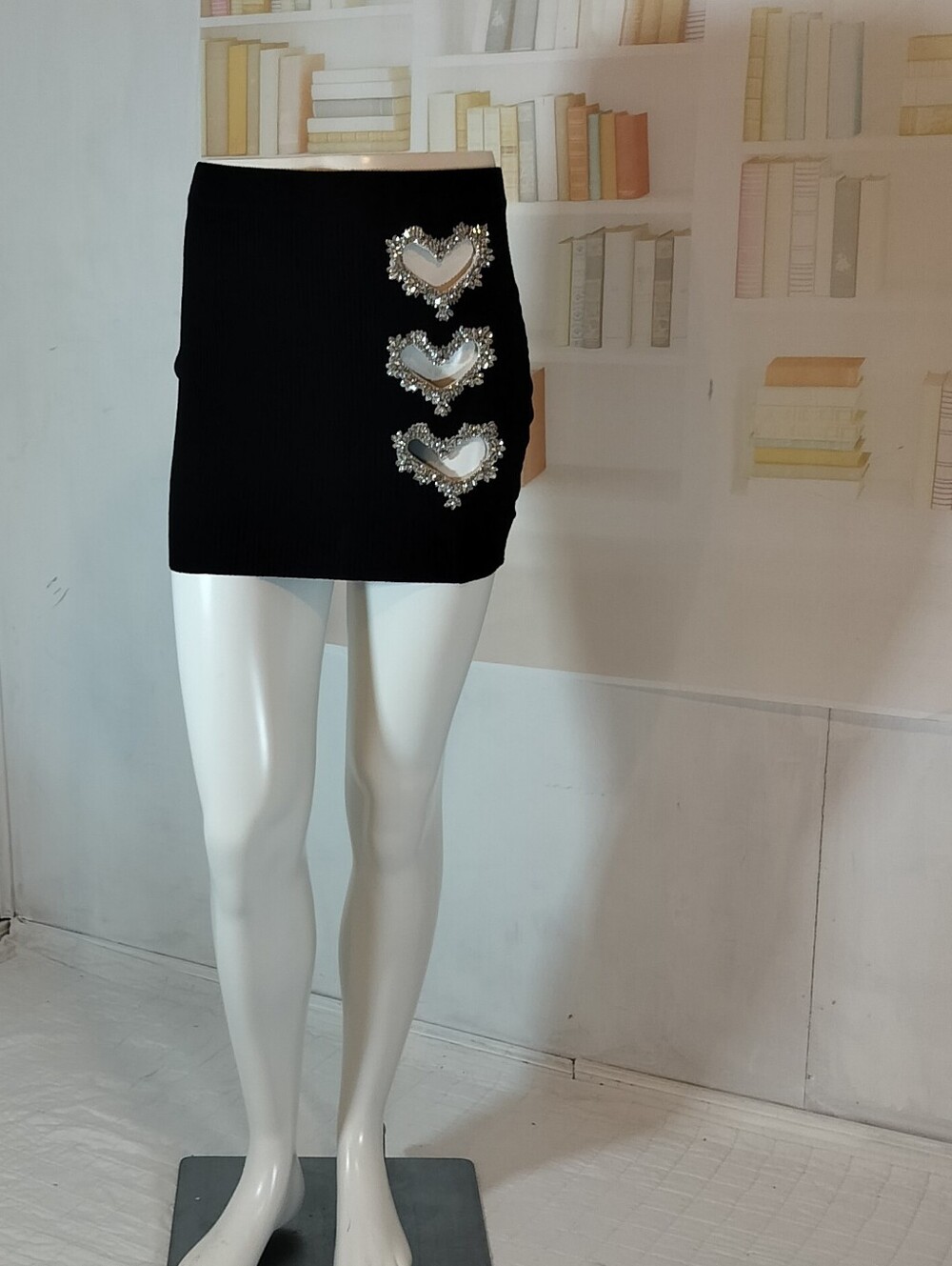 Fashion Nova Black Mini Skirt with Sequin Heart Appliqués